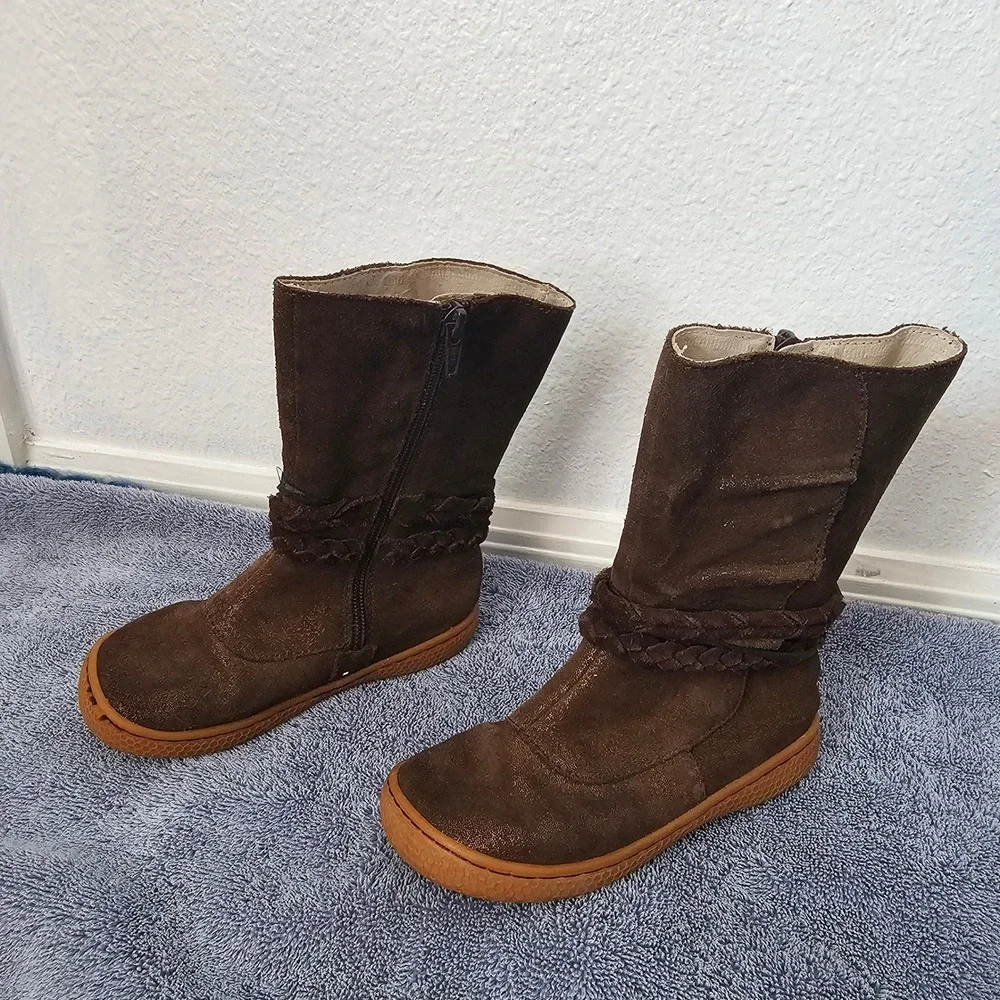 Livie & Luca Girls Brown Shimmer Suede Braided Mid Calf Boots Size 11